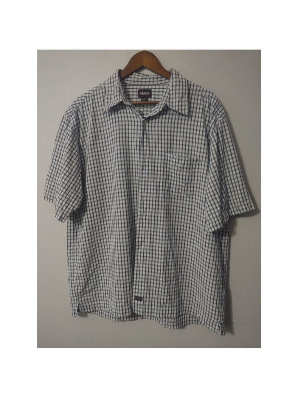 Men's Guess Button Down Shirt XL White Blue Plaid